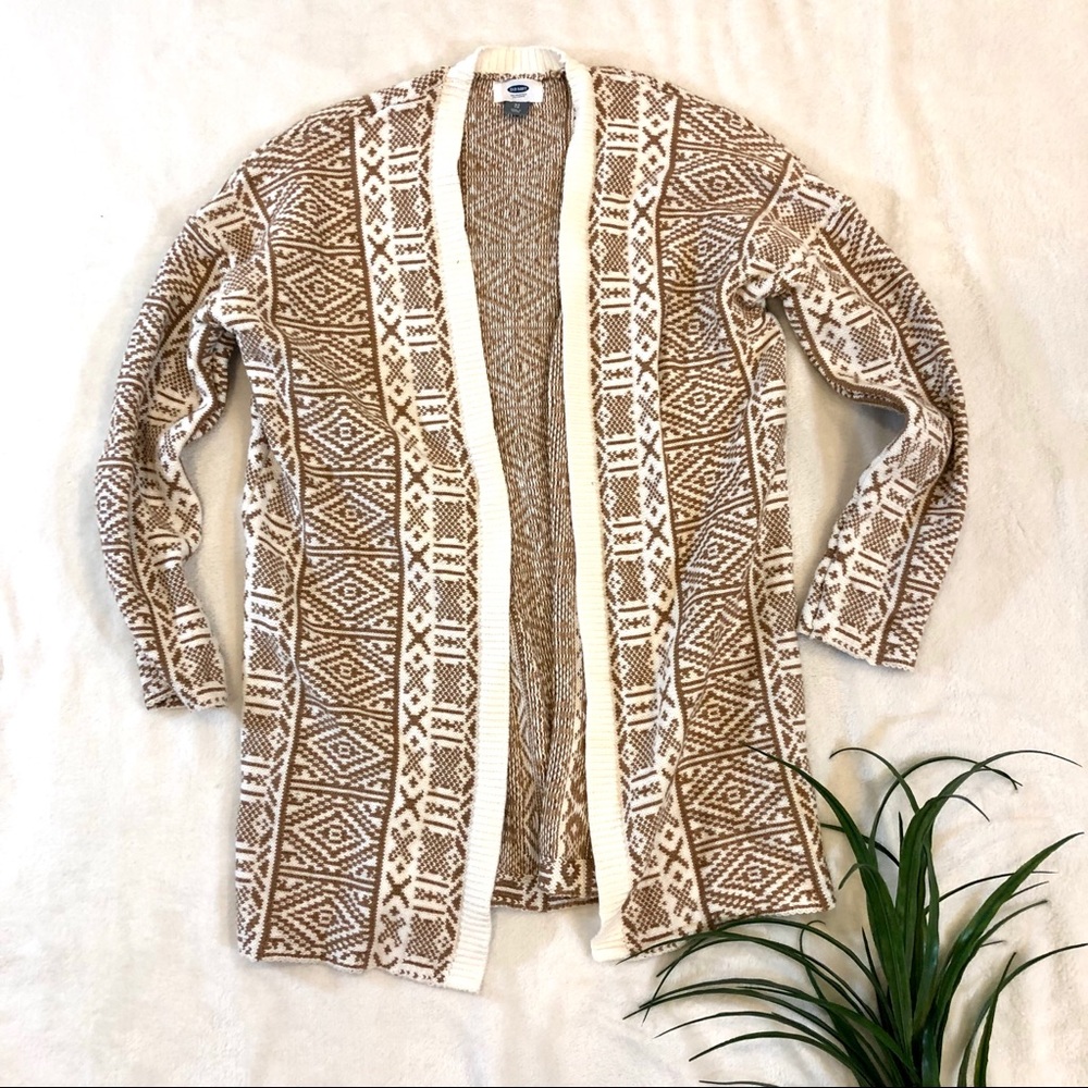 Old Navy Tan & White Tribal Print Cardigan Sweater